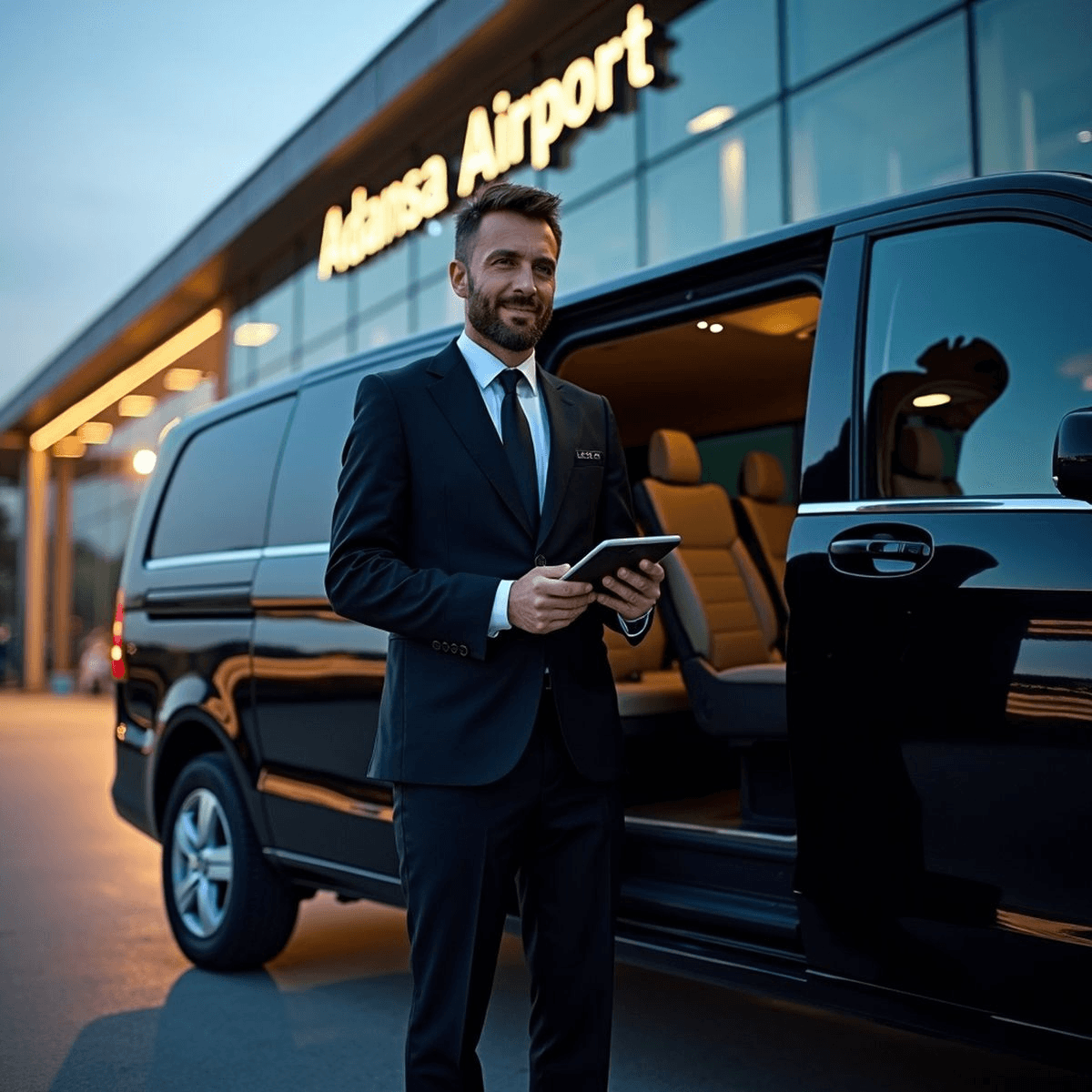 Professional chauffeur at airport with luxury vehicle